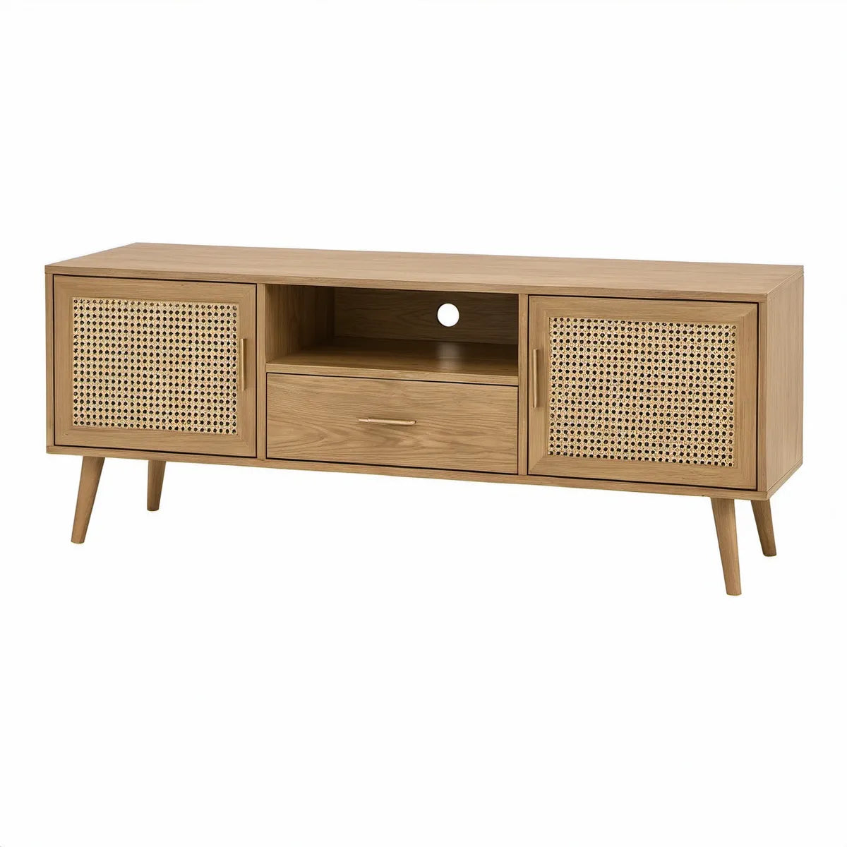 Móvel de TV em MDF com Portas em Rattan Natural Carvalho 160 x 40 x 60 cm