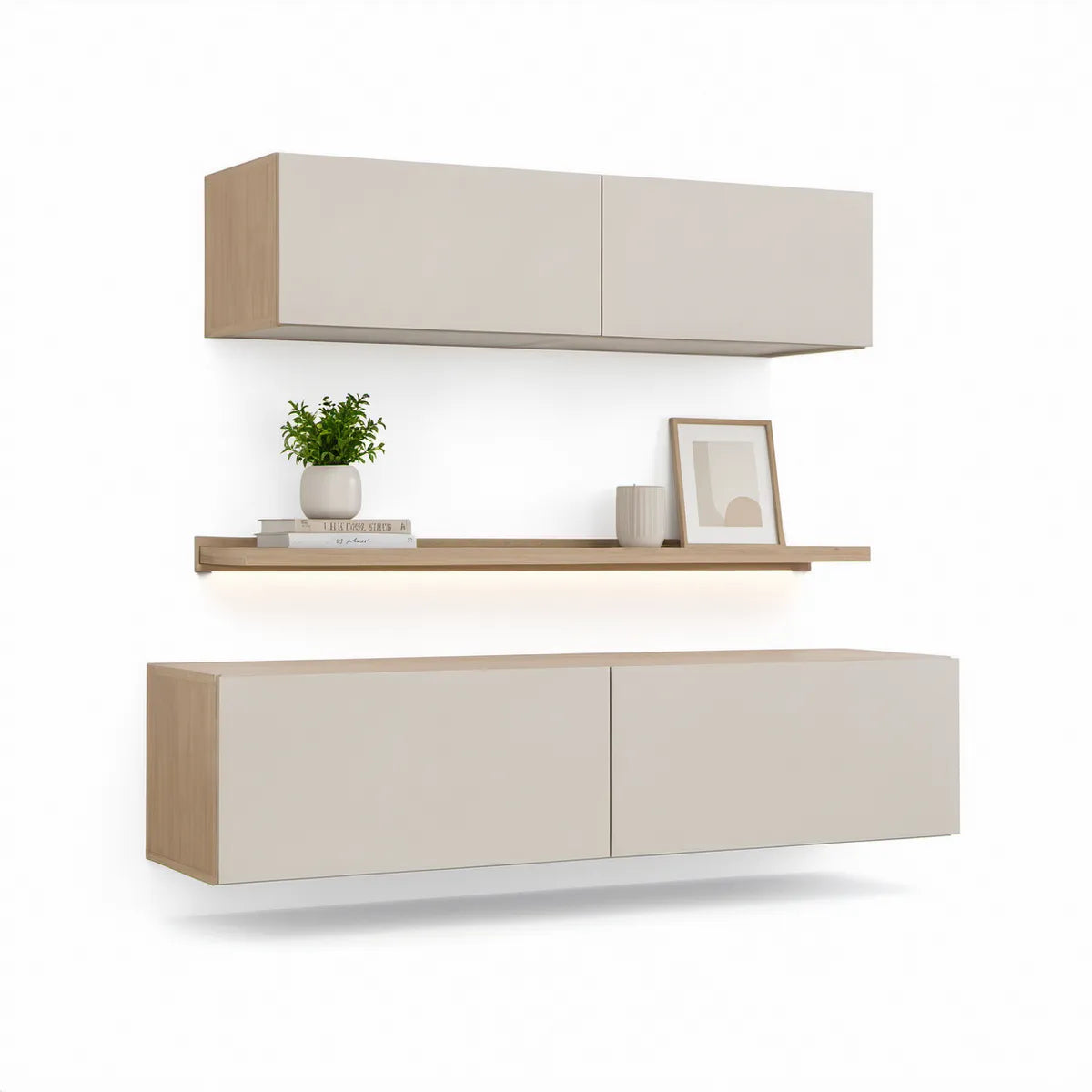 Conjunto Suspenso para TV em MDF Branco e Carvalho-Claro, 180 x 40 x 40 cm