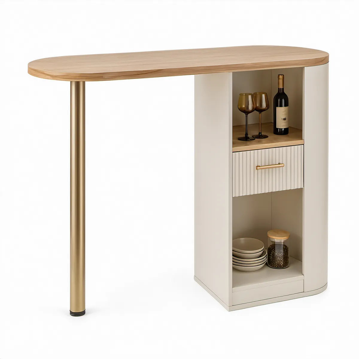 Mesa de Bar com Armário 120 x 45 x 105 cm em Branco e Carvalho Claro com Pé Dourado
