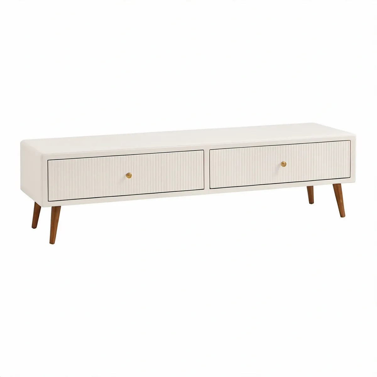 Móvel de TV Retangular com 2 Gavetas em MDF Branco, Pernas Castanhas e Puxadores Dourados, 160 x 40 x 50 cm