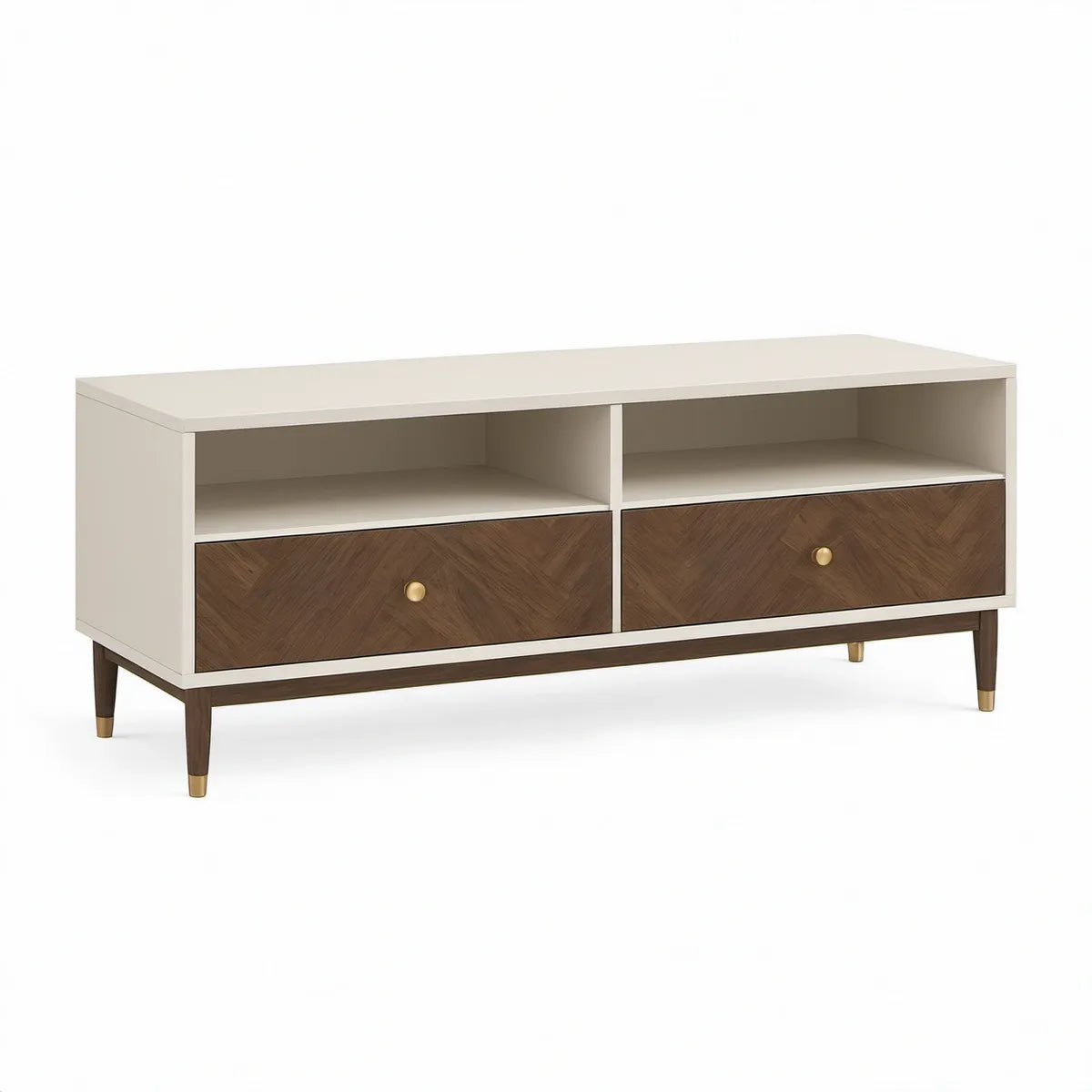 Móvel de TV retangular em MDF branco, nogueira, castanho-escuro e dourado com 2 gavetas, 120 x 40 x 60 cm
