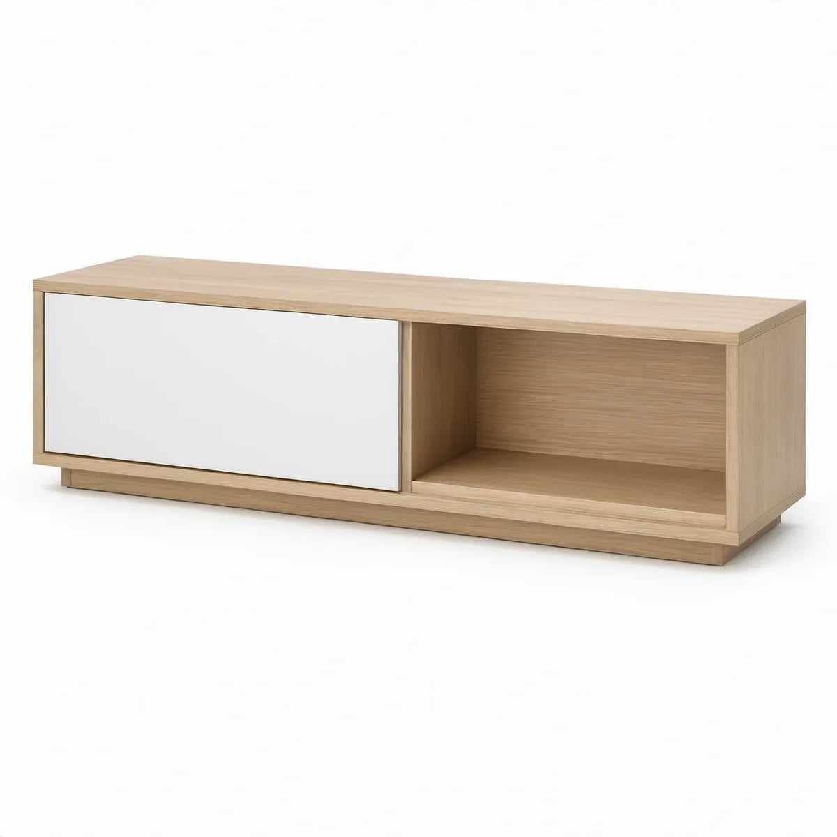 Móvel de TV Retangular em Carvalho Claro e Branco com Porta Deslizante e Nicho, 140 x 40 x 45 cm