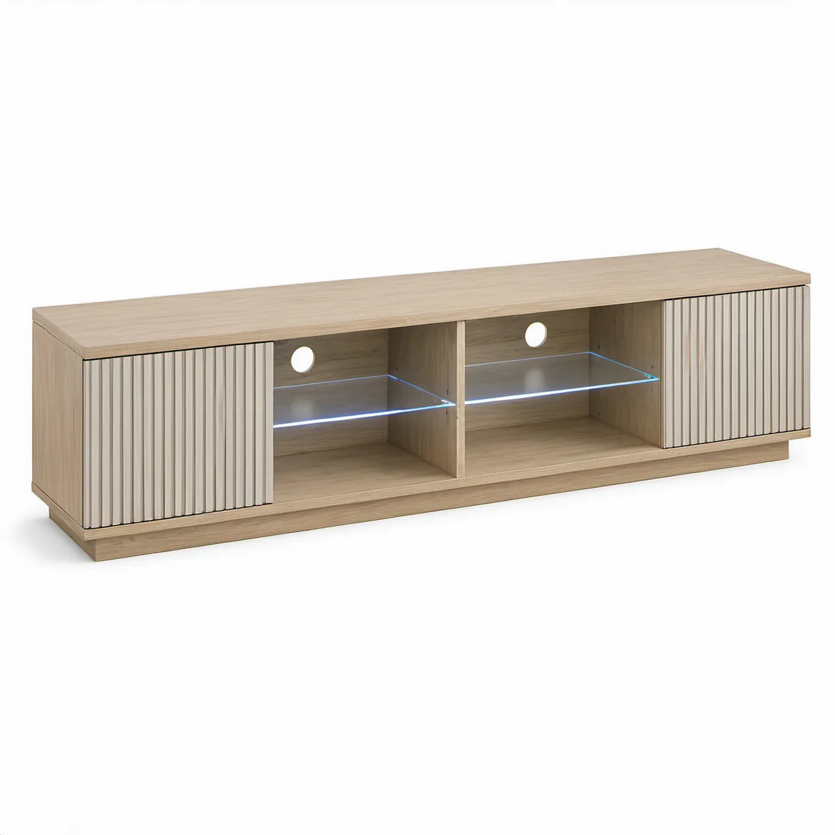 Móvel de TV em MDF com Portas Ripadas, LED Azul e Prateleiras de Vidro 180 x 40 x 45 cm Carvalho Claro