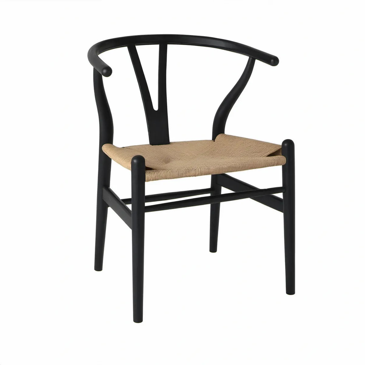 Cadeira de Jantar Wishbone em Faia Preta com Assento em Cordão de Papel Natural, 56 x 54 x 76 cm